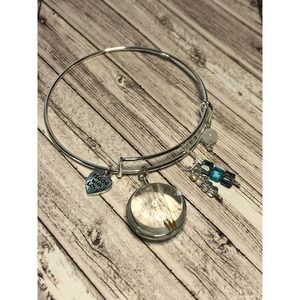 Adjustable Bangle Bracelet Silvertone with Glass Wish Charm and Glass Beads